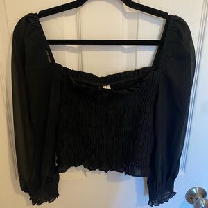 H&M Black Smocked Blouse with Mesh Sleeves